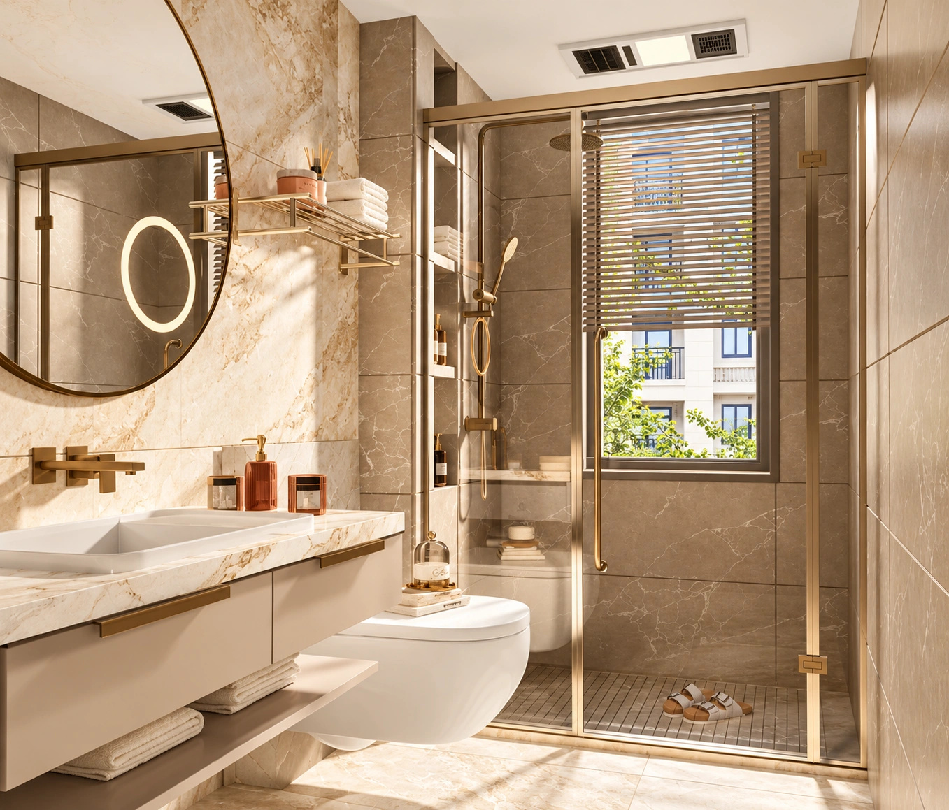 Warm stone bathroom with glass enclosure and champagne finish hardware