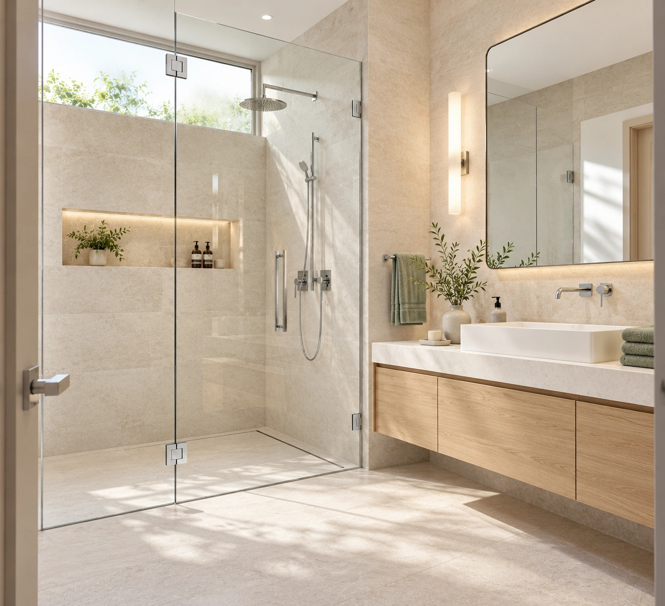 Glass shower enclosure beside a wood vanity with chrome fittings